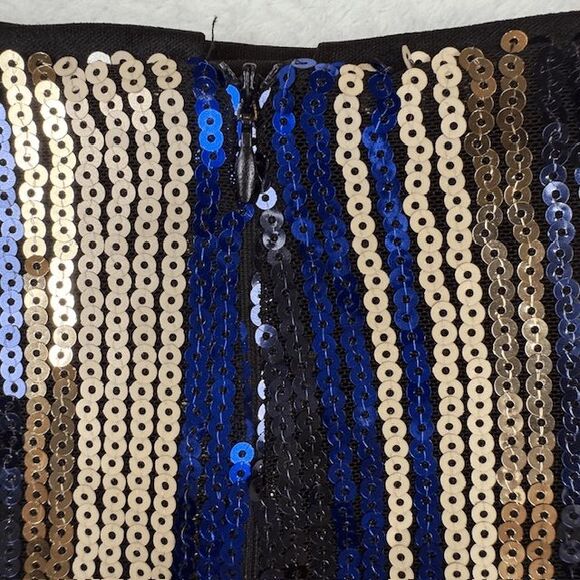 Lulu's Dazzle You Gold and Blue Striped Sequin Mini Skirt Back Zip Size Small - Picture 4 of 11